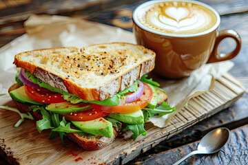 Delicious Avocado Sandwich with Salad and Cappuccino on Wooden Table