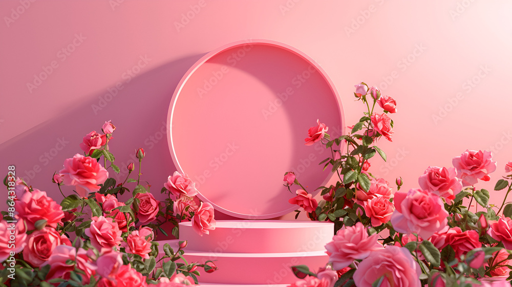 Wall mural podium surrounded by roses with empty frame