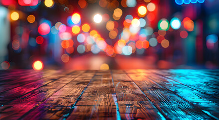 Empty wooden table top with blurred colorful neon light background in night club, perfect for night view, product display and bar counter decoration