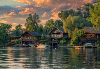 Obraz premium beautiful lakehouse with multiple boat garages and dock space on the shore, surrounded by trees and nature, during sunset with soft pastel clouds in the sky Generative AI