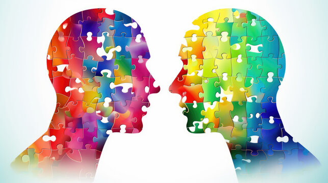 generated illustration of head profile with jigsaw puzzle pieces. Alzheimer's and dementia, mental illness and brain disorder
