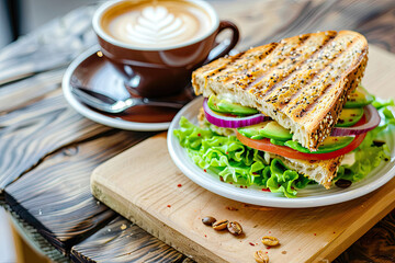Delicious Avocado Sandwich with Salad, Red Onion, and Cappuccino Coffee on Wooden Table in Modern Cafe Closeup