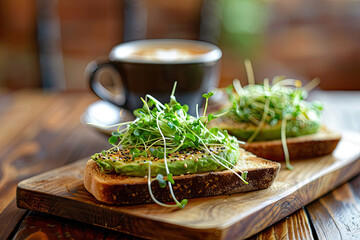 Delicious Avocado Toast with Micro Greens and Vegetables on Wooden Table with Cappuccino Cup - Close Up Cafe Photo