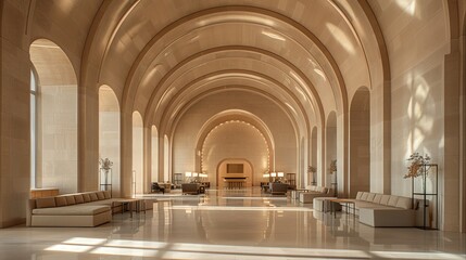 Fototapeta premium Fusion Romanesque corporate lobby with stone arches and contemporary furnishings