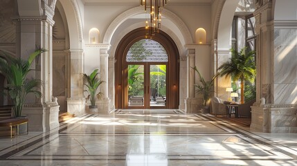 Naklejka premium Fusion Romanesque corporate lobby with stone arches and contemporary furnishings