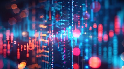 Abstract financial data visualization featuring blue and pink lights, dynamic graphs, and digital patterns. The image represents market trends and analysis with a modern, tech-inspired design