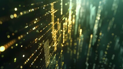 Abstract data visualization featuring green and gold lights, vertical lines, and bokeh effects. The image represents digital data patterns and analysis in a modern, tech-inspired design
