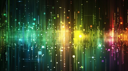 Abstract data visualization featuring rainbow lights, dynamic lines, and digital patterns. The image represents diverse data trends and analysis in a modern, tech-inspired design