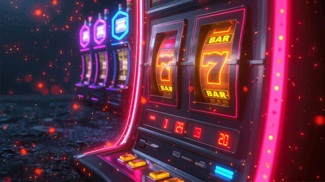 Detailed view of slot machine reels showing a winning combination with 7s and BAR symbols, illuminated in a vibrant casino. Generative ai vector illustration. Pop art comic book style imitation