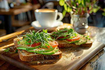 Delicious Avocado Toast with Fresh Greens and Vegetables, Perfect for Breakfast or Lunch at a Caf?