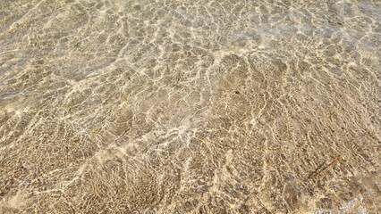 Background of transparent sea water surface ripple with sun reflection in summer on the beach. Water background. Ocean water texture.