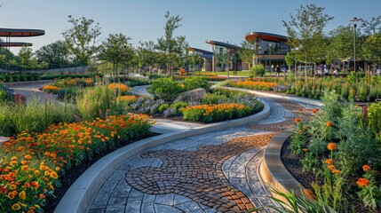 Obraz premium Modern Public Spaces: Capture the design of modern public spaces within an urban environment, including plazas, parks, and community areas.