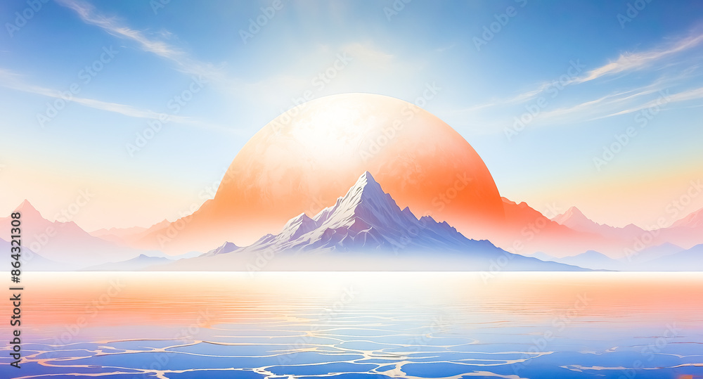 Wall mural Majestic Mountain Range with a Glowing Celestial Body in the Sky