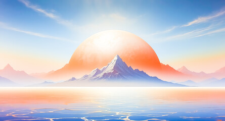 Obraz premium Majestic Mountain Range with a Glowing Celestial Body in the Sky