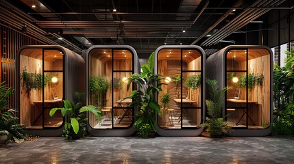 Meeting pods with leaded glass windows, dark wood accents, and rich fabrics