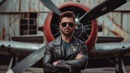 Man in sunglasses and leather jacket standing in front of airplane. National Aviation Day in the USA