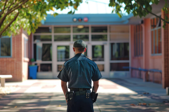 Armed security guard keeps order in college or school, police officer stands at university. Concept of uniform, secure, service, safety
