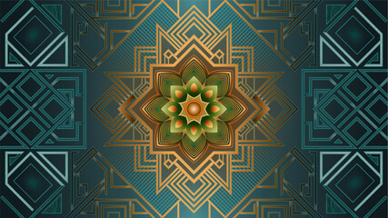 abstract background floral feather mandala design adorned with intricate patterns in blue, green, and gold.