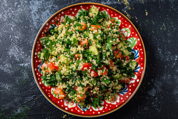 Colorful Tabbouli Salad with Quinoa and Coriander in Flat Lay Style