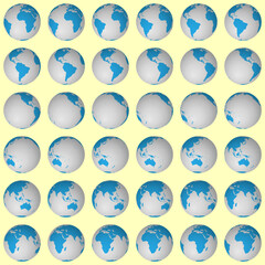 Collection of planet globes. Normal sphere view. Rotation step 10 degrees. Solid color style. World map with dense graticule lines on golden background. Delicate vector illustration.