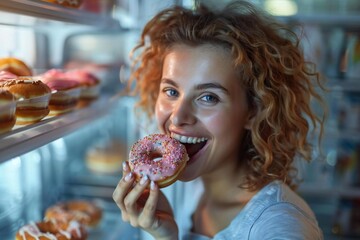 Young woman happily eating a donut straight from the refrigerator, with a big smile on her face.