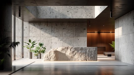 Romanesquemodern corporate workspace with elegant stonework and minimalist decor