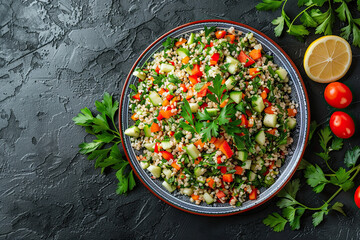 Gourmet Salad on Dark Plate with P?tuna Wheat, Bulgur, and Vegetables, Topped with Lemon and Coriander. Top View, Copy Space. Sony Alpha A7R IV Photo.