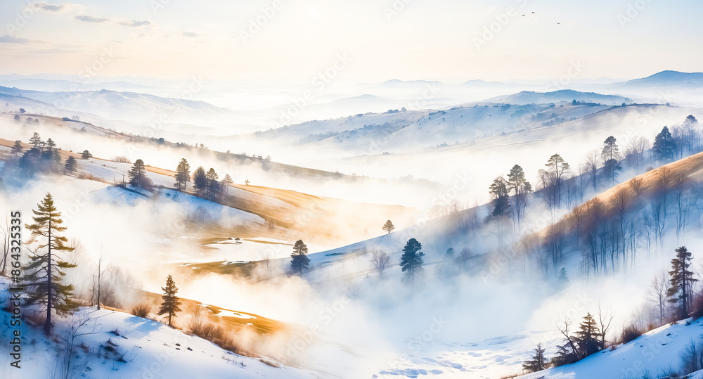 Wall mural Misty Mountain Landscape with Rolling Hills and Snow