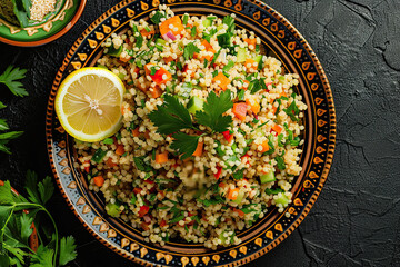 Delicious P?tuna Wheat and Bulgur Salad on Dark Plate with Lemon and Coriander Accents