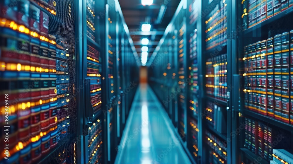 Aufkleber Library with data servers on shelf. Generative AI.