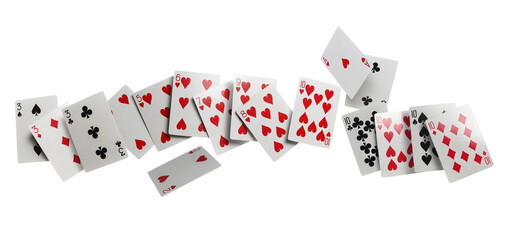Flying playing cards for poker and gambling, series isolated on white, clipping path