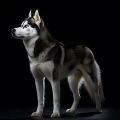 Fototapeta premium Siberian Husky and Alaskan Malamute dogs, including a Siberian Husky puppy, posing together in a portrait