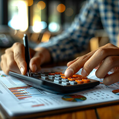 Fototapeta premium accountant working on desk using calculator, generative ai