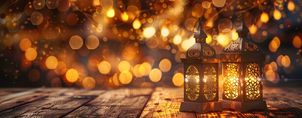 Arabic lantern with a burning candle on a wooden table against bokeh lights background. A banner design for Ramadan Kareem, Eid Mubarak and New Year greeting card template copy space.