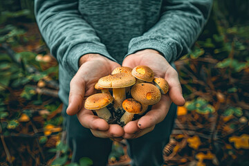 Enchanting Forest Mushrooms Held in Mans Hands, Flat Lay View