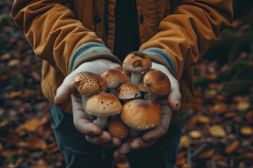 Enchanting Forest Mushrooms Held by Mans Hands - Close Up Flat Lay Photo