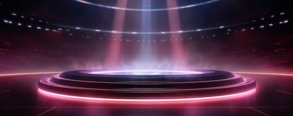 Futuristic glowing stage with vibrant neon lights and a cosmic background, perfect for tech presentations, product launches, and digital events.