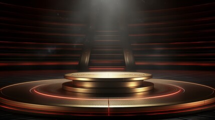 Obraz premium Illuminated stage podium with golden accents in a dark room. Perfect background for product display, award ceremony, or presentation.