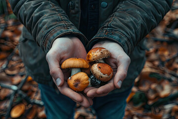 Mushroom Harvest: Close-up of Hands Gathering Beautiful Fungi in Forest - High Resolution Photo