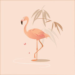 Pink flamingo on beige background. Vector
