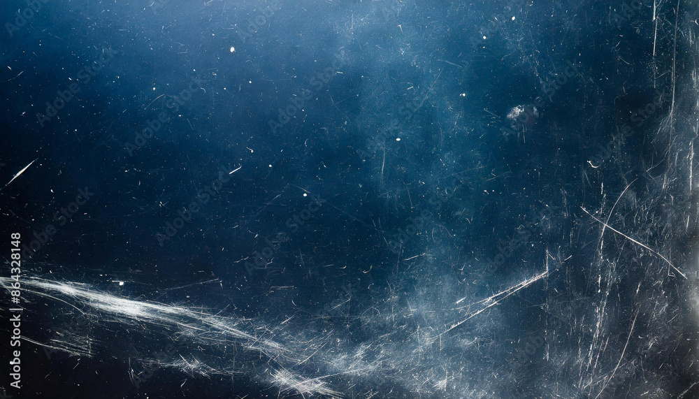 Aufkleber dark abstract blue film texture with dust and scratches, banner background with copy space for produ