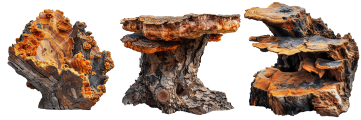 Chaga Mushroom Set Isolated on Transparent or White Background, PNG