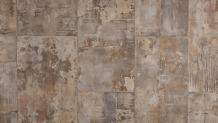 Old brown gray rusty vintage worn shabby patchwork motif tiles stone concrete cement wall texture background banner panorama.