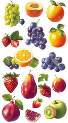 Colorful assortment of fresh fruits including grapes, oranges, strawberries, kiwis, and peaches isolated on a white background.