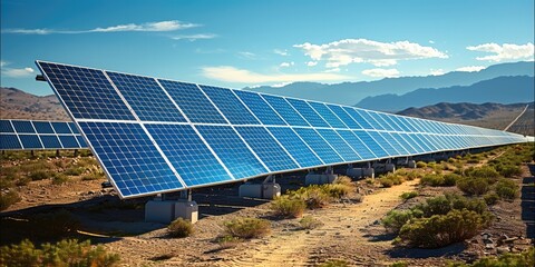 Many PV panels in the desert on a sunny day. Generative AI.