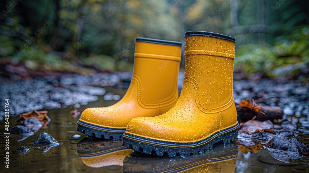 Wall mural Close-up of yellow rubber boots in a puddle, with splashes, spring background 