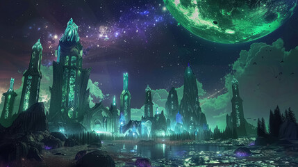 Obraz premium Emerald Towers of Elven Realm, Cinematic Fantasy Landscape With Towering Emerald Crystal Structures, Elven Architecture, And A Starry Night Sky