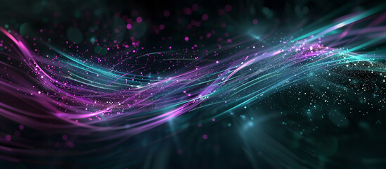 Digital abstract technology background featuring purple and teal light trails weaving through a...