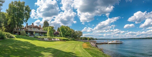 Obraz premium A large lakefront home with a dock and boat in the background, a beautiful blue sky with white clouds, a panoramic view of a grassy yard on a hillside with patio furniture Generative AI