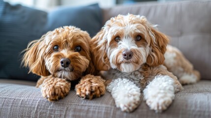 Two adorable dogs, one brown and one white and brown, are lying on a couch, looking at the camera.